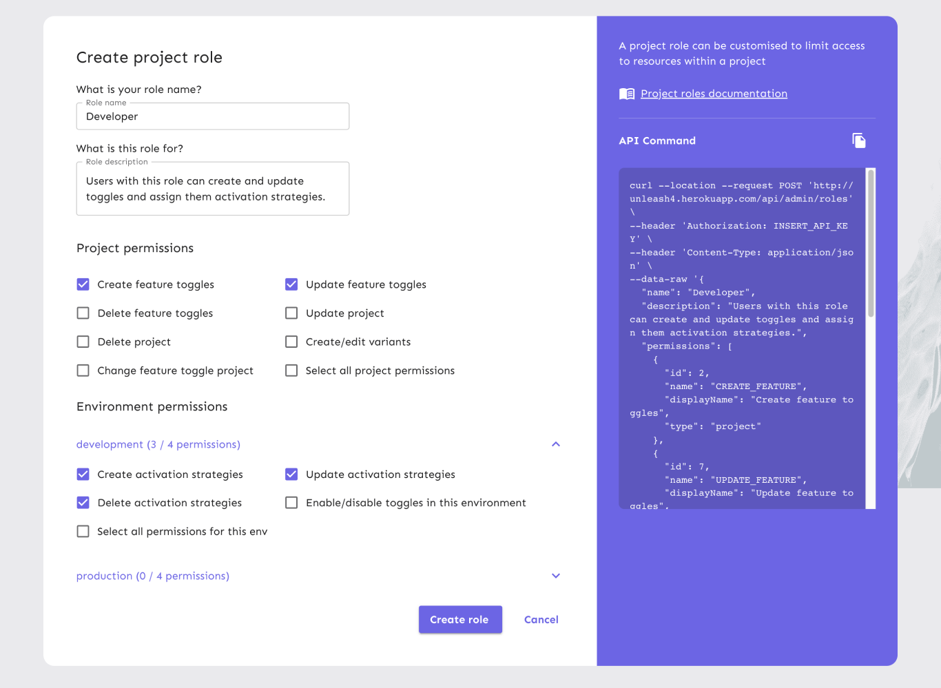 The project role creation form filled in with details for a &quot;developer&quot; role. To the left is the equivalent cURL command you could run if you wanted to use the API instead of the form.